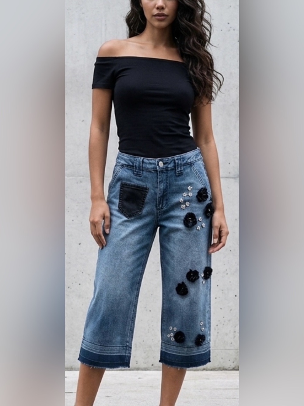 Upcycled boho culotte wide leg jeans with embellishments size L/XL